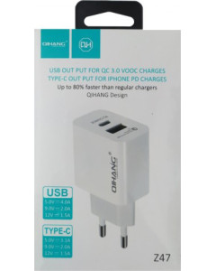ΦΟΡΤΙΣΤΗΣ (ΧΩΡΙΣ ΚΑΛΩΔΙΟ) QIHANG Z47 ΜΕ ΘΥΡΑ USB-A & USB-C QUICK CHARGE 3.0 - ΛΕΥΚΟ