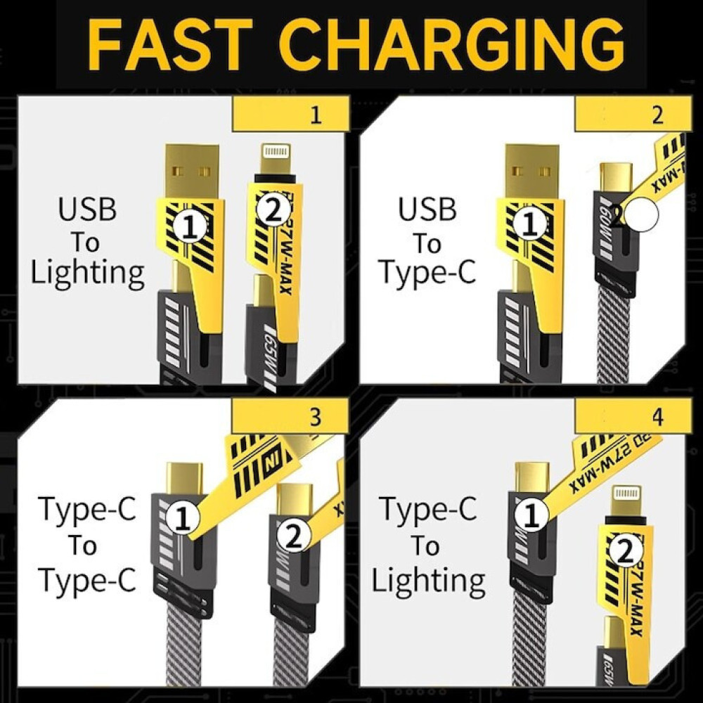 SUPER FAST ΚΑΛΩΔΙΟ ΦΟΡΤΙΣΗΣ & ΜΕΤΑΦΟΡΑ ΔΕΔΟΜΕΝΩΝ 4in1 USB Type C Lightning 65W SUPER FAST ΚΑΛΩΔΙΟ ΦΟΡΤΙΣΗΣ & ΜΕΤΑΦΟΡΑ ΔΕΔΟΜΕΝΩΝ 4in1 USB Type C Lightning 65W